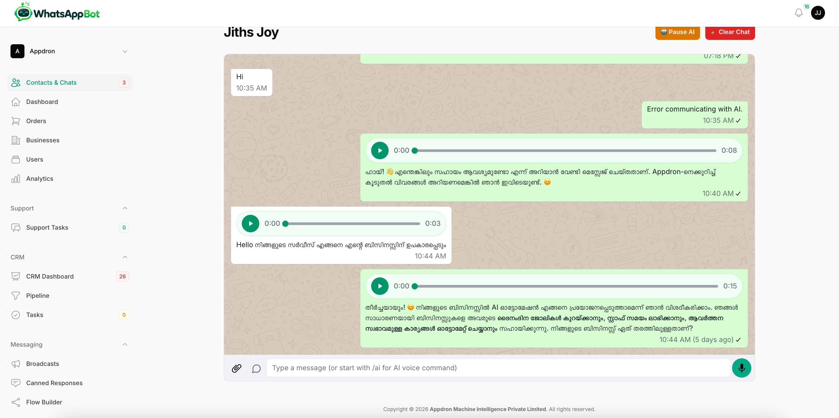 Voice Powered WhatsApp Automation Malayalam Manglish Audio Stream Processor Interface